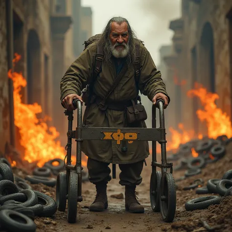  Old warrior with a walker , Burning tires , A logo on the rollator, Is XP9 ,  several burning snakes on the ground  