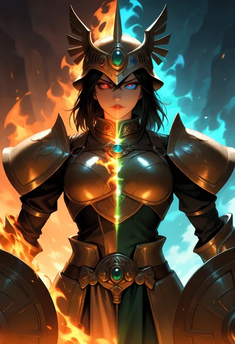 moody lighting, black hair, dark eyes, twisted bangs, Design a sand master, with the power to control sandstorms, manipulate desert landscapes, and harness the might of the scorching sun., forgotten temple, A helmet resembling a dragon's head with glowing ...