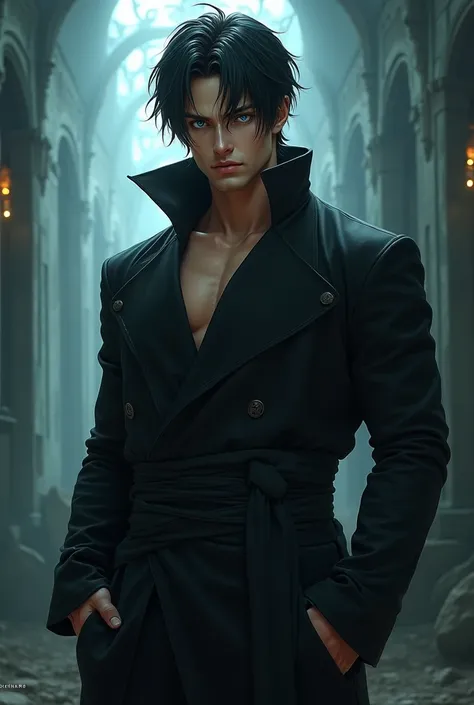 A tall and athletic man, anatomical, very attractive and sexy, of black clothes, jujutsu kaisen style, similar to Gojo ,  black hair,  blue eyes