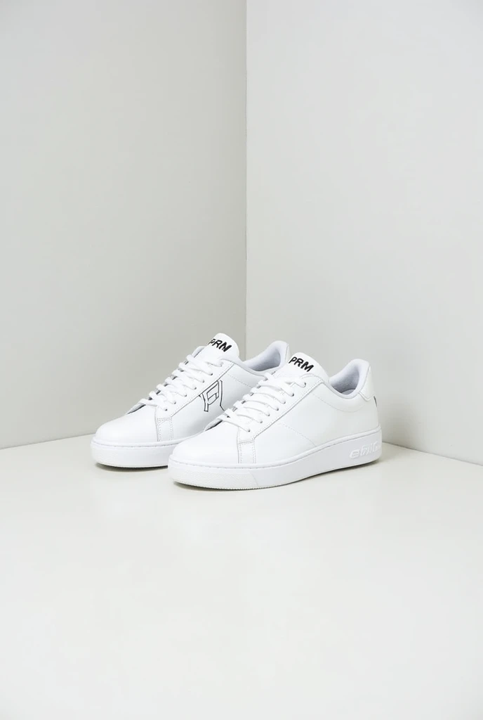 White sneakers with black logo with the letters PRM
