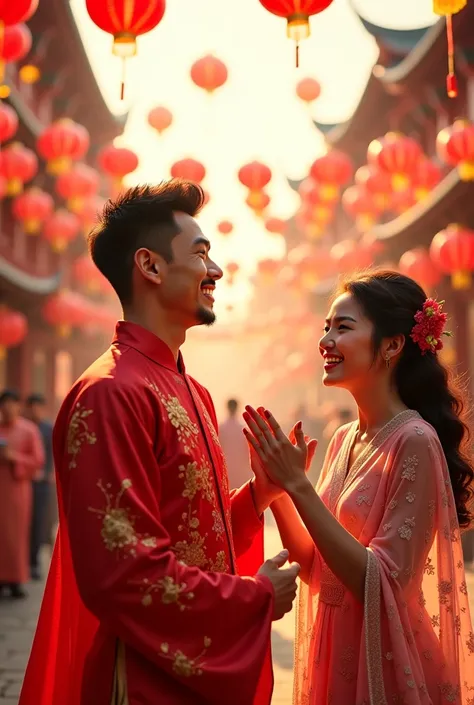 Young man and young woman celebrating Chinese New Year