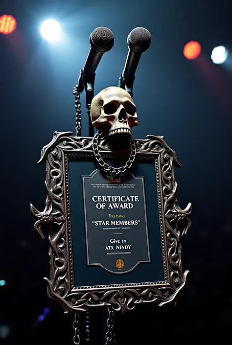 

" Certificate frame with a heavy metal or gothic theme ,  designed with skull , chain ,  and distinctive dark metal texture .  The background is dim with dramatic lighting ,  creates an intense rock concert atmosphere .  At the top of the stage are two d...