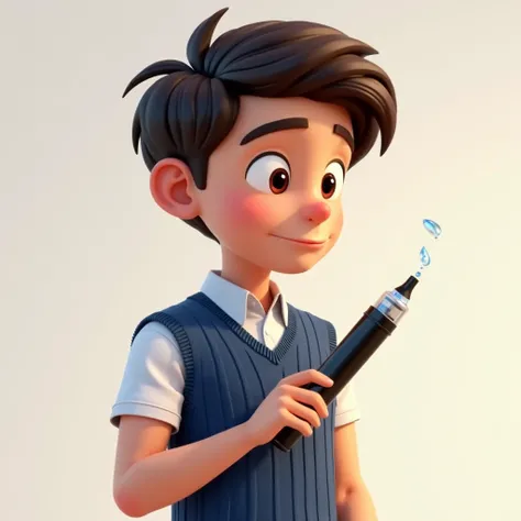 3D Disney Pixar-style illustration of a 16-year-old male character. boy has dark brown hair, no glasses, handsome features, and is wearing a white short-sleeved collared shirt layered with a solid blue sleeveless knitted sweater. He is holding a black insu...