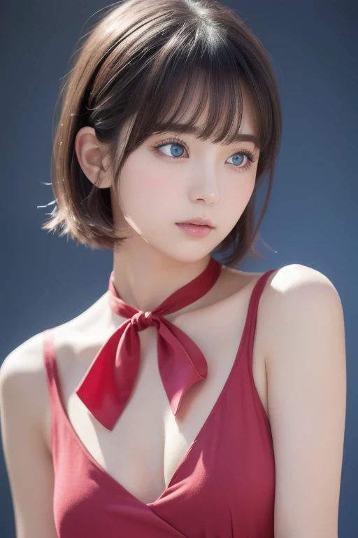 Masterpiece, best quality , high resolution,short hair, blue eyes, 1 girl, Alone, Blue Ribbon, eyelash , neck ribbon, Sleeveless, bangs, clavicle, Bare arms, Pink Dress , Red coat, white background, Front , No view, are staring at the viewer, upper body, f...