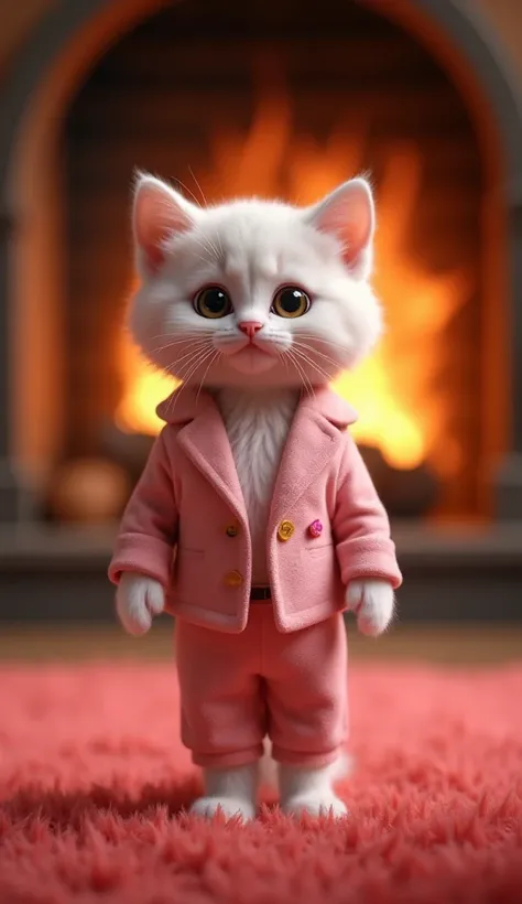  cute little kitty as pictured

standing on two legs

background fireplace　　red carpet

I'm wearing a pink suit

As real as the picture