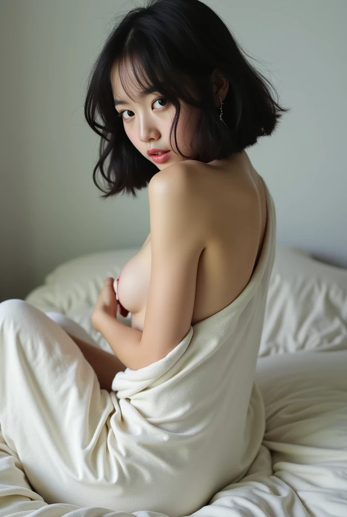  Photo of a girl with dark short hair bob without bangs, in linen on the bed, a girl turned over from behind