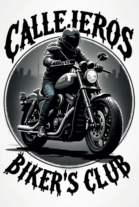 Create a logo for my motorcycle club represented in a circle with a sports bike and a helmet in black and white and Gothic letters and with the name of: Callejeros Biker's Club  