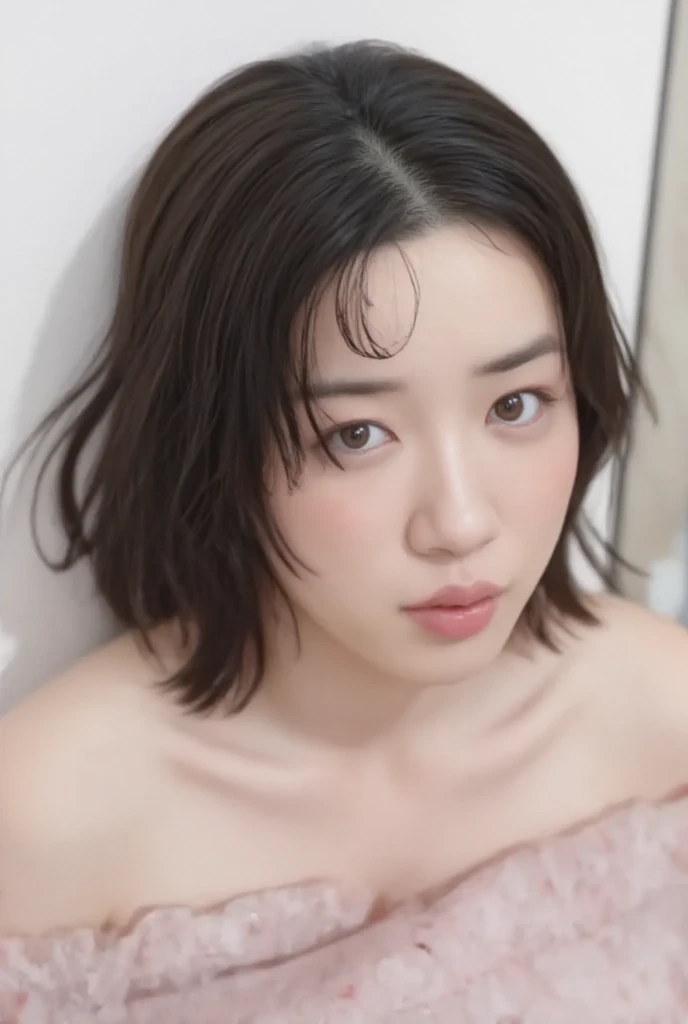  high resolution young Japanese female idol 「Kakki」Photo of, Alone,  1 girl,  off-the-shoulder dress,  focus on face ,  Face Closeup ,  camera that also has semen on my face,  blue-white skin,  detailed color,  detailed eyes,  enchanting eyes,   natural ma...