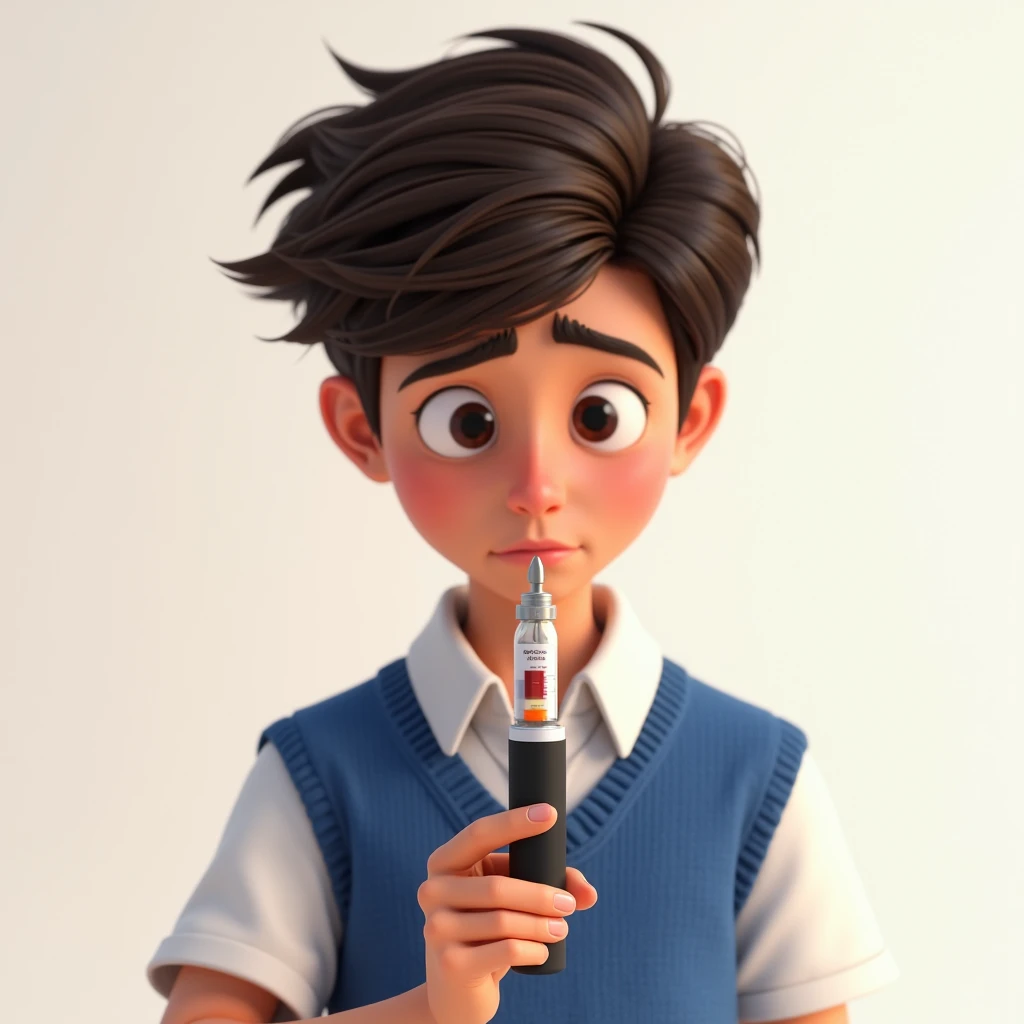 3D Disney Pixar-style illustration of a 16-year-old male character. boy has dark brown hair, no glasses, handsome features, and is wearing a white short-sleeved collared shirt layered with a solid blue sleeveless knitted sweater. He is holding a black insu...