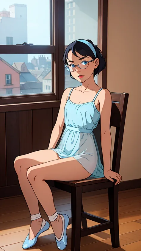  girl sitting backwards on wooden chair ,  legs therefore wide apart ,  toes on the ground ,  ballet dress on , Color light blue ,  almost transparent ,  very small panties ,  with vulva pictured ,  black short hair , zerzaust,  with headband in light blue...