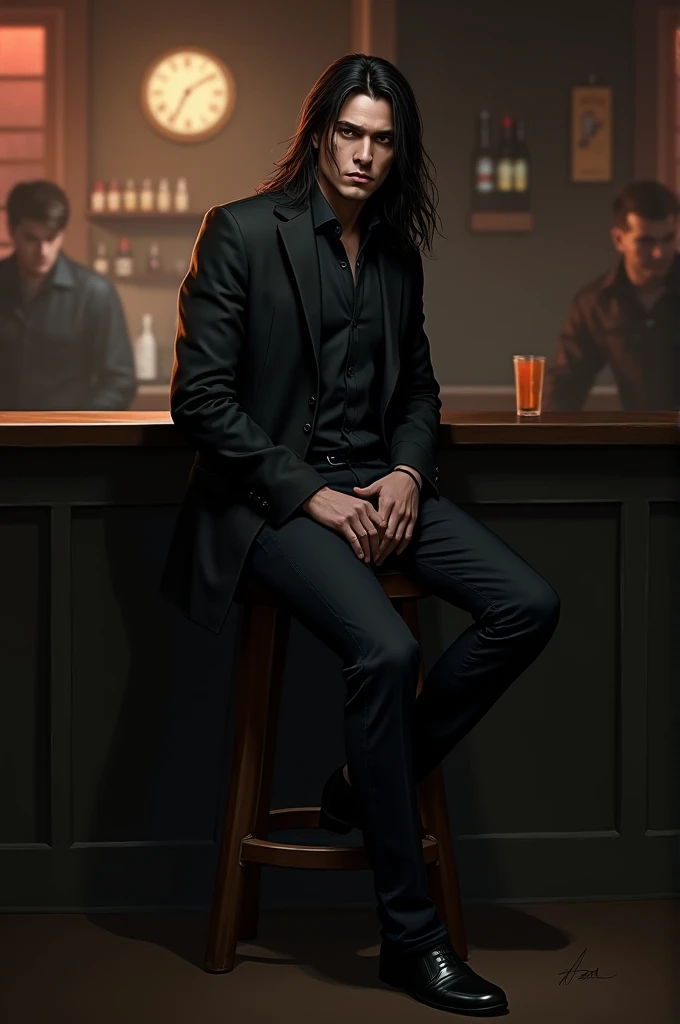 Realpic
a man with long hair wearing a black jacket, black trousers, black shoes, sat on a bar stool