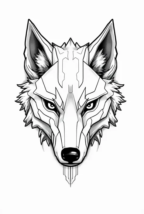 Cyborg head wolf, black and white ,  line art , neat, Ornameless , simple 