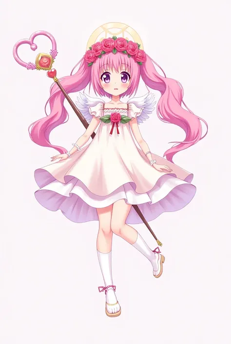  1 girl, solo,  Twin Tails、rose pink hair、Magical girl、Heart Stick、 angel wings、 rose headdress 、 purple eyes、 white knee-high socks、 anime illustration