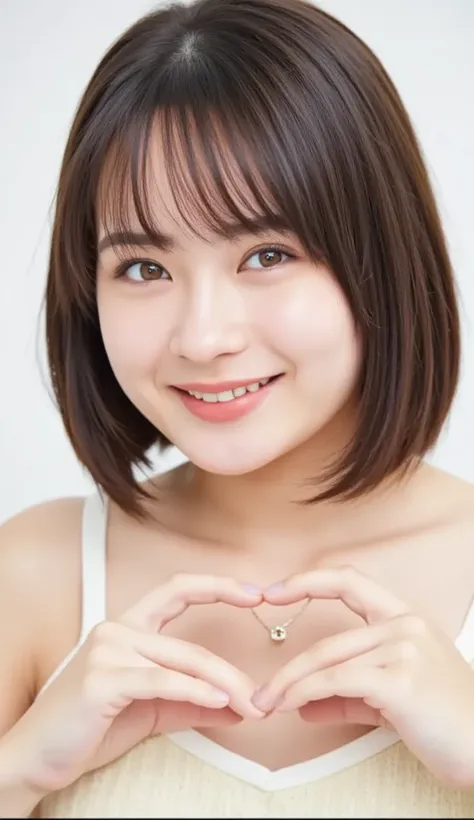  Super Fine、An upshot of her face、She has a smile showing her teeth, wears a camisole, and poses with her hands in the shape of a heart in front of her chest、The background is plain、  high definition、細部にわたって high definition