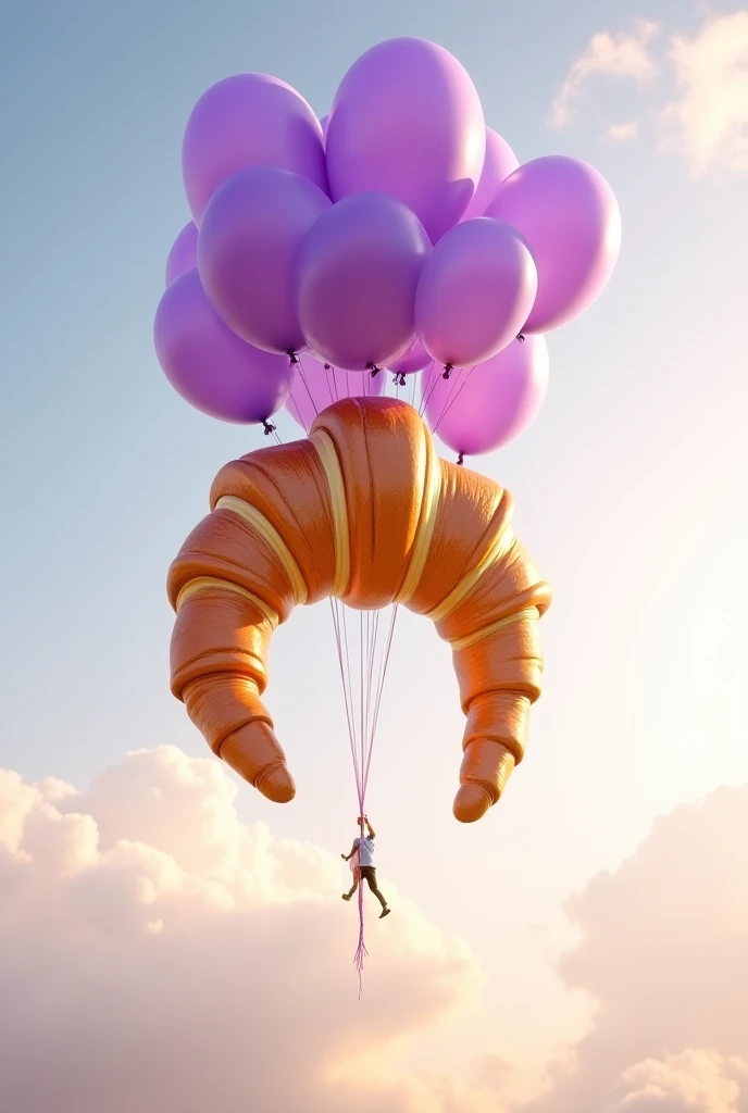 A giant croissant floating in the sky at Cairo, tied to a bunch of purple helium balloons, photorealistic, detailed texture on the croissant, soft clouds in the background, warm natural daylight, elegant and whimsical atmosphere, high detail and sharp focu...