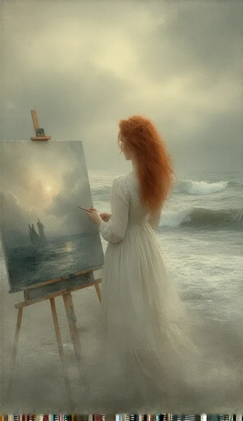 A red-haired artist in a flowing vintage dress stands on Skagen's windswept beach, painting the dramatic meeting of the North and Baltic seas. Her canvas depicts a dreamlike version of the waves, glowing with ethereal golden light. The sky is filled with s...