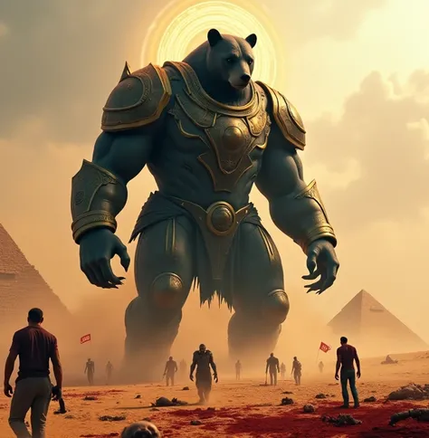 A giant God-like shadow Bear, wearing a black and gold armor, standing on a bloody battlefield in the desert, during a sandstorm. A dark aura or energy is emanating from the bear, and also there is a halo of power over the giga bear's head. Zombie s here a...