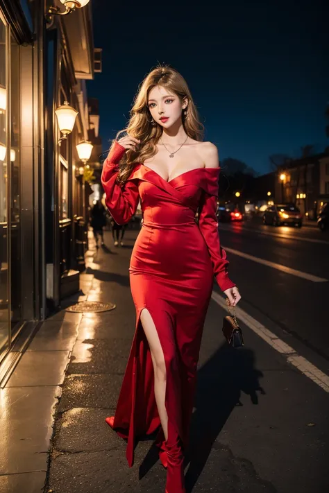  1 woman　Late Night　Night city sidewalk 　 Hair　 blond hair　 wavy long hair 　Blue Eyes　Inviting eyes　 enchanting eyes　 very big boobs　 glamorous　 necklace　long sleeve off shoulder party dress　long length dress　 red high heels　luxury branded bags　 black tigh...