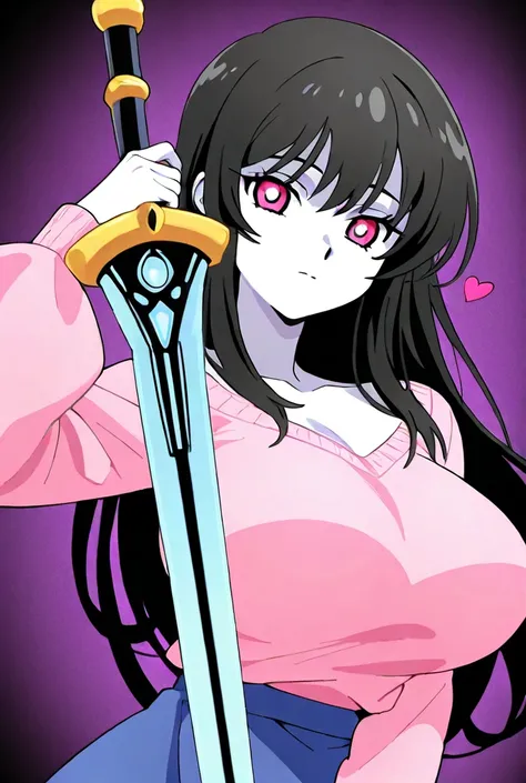 Black long-haired woman with pink eyes, white skin, face, heart-shaped, beautiful appearance, hourglass doll, large breasts, big breasts. The highlight of the image is wearing a dress, a pink sweater with a concave spot on the chest, a blue skirt with magi...