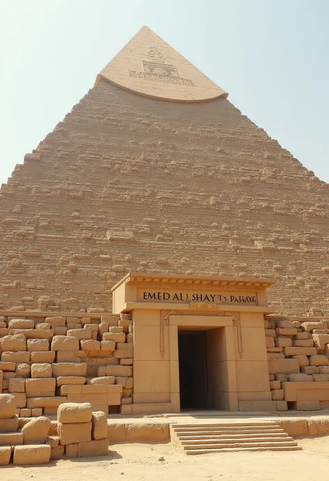 The Great Pyramid with huge stones in Egypt appears on the outside of the pyramid, carved in three-dimensional stone letters and in a wonderful engineering and artistic manner. The name " EMAD ALSHAYEB 2025 ".