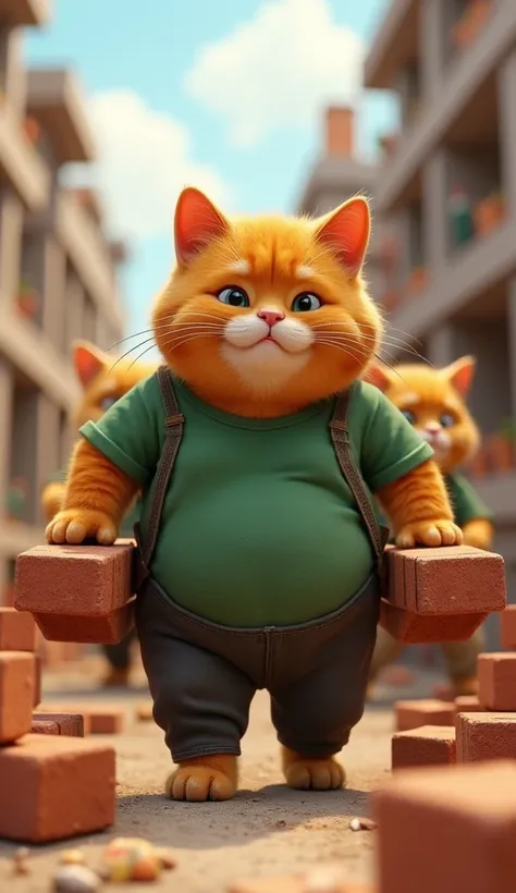 chubby chubby mature orange cat wears green t-shirt and black pants ,  workhorse as a builder hauling bricks with his friends 3D