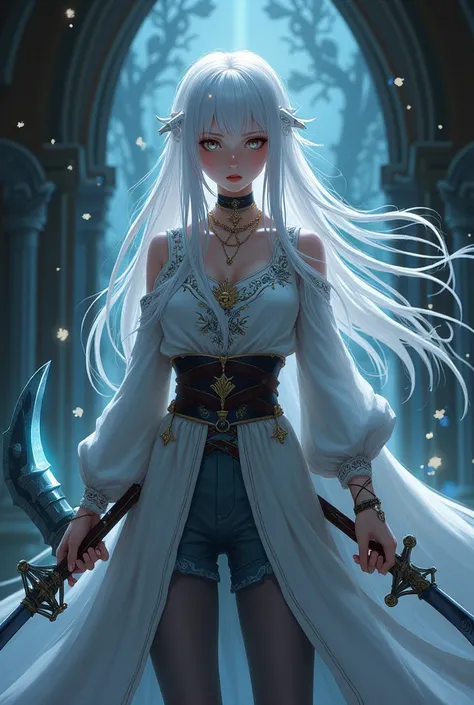 anime girl with a scythe and a sword in a dark room, a character portrait inspired by Li Chevalier, pixiv, fantasy art, white haired deity, portrait of a female mage, she 