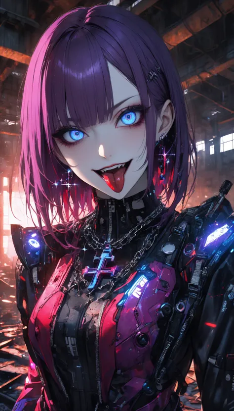 super realism、hyper realstic 1girl. cyberpunk
(Red purple hair .blue eyes.Gothic accessory.) evil reverse cross necklace
Gal makeup . crazy smile . open their mouths、 stick out your tongue,  Crazy Eyes , 

 violet color hard type cyber suit with villain si...