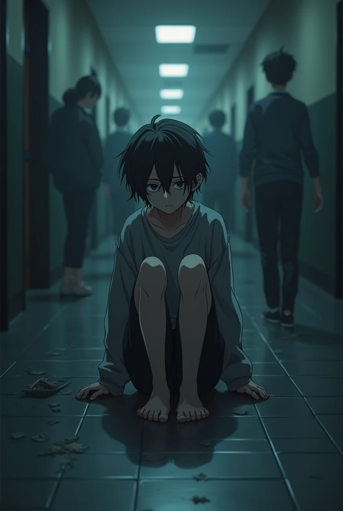 A sad high school boy sitting alone in the school hallway, looking down, feeling isolated, students whispering and avoiding him, cold and distant atmosphere, dramatic lighting, anime-style