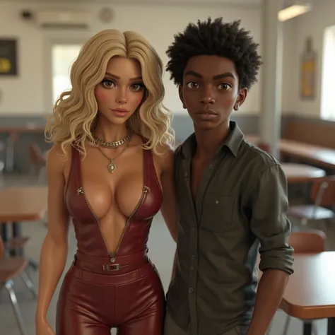 realista serio color the white blonde milf cleavage sexy mother 50 years poses de pie with niño negro 16 años atrevido, in cafeteria