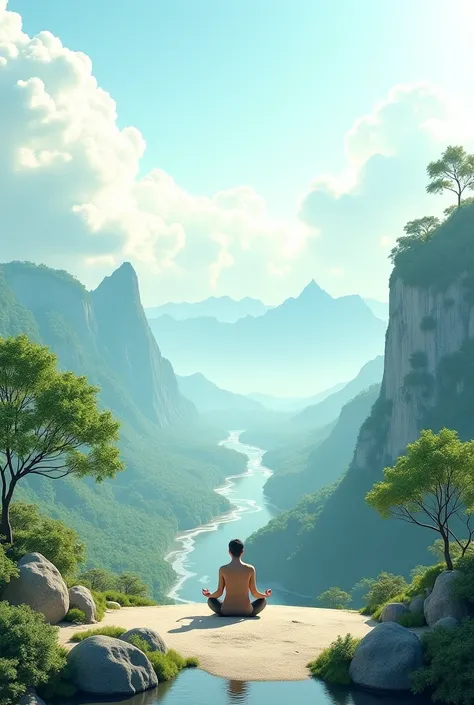 Meditative Landscape: A serene scene of a person meditating on a cliff overlooking a vast valley, with soft clouds and distant mountains creating a sense of depth and tranquility.

Nature's Harmony: Illustrate a harmonious blend of natural elements like tr...