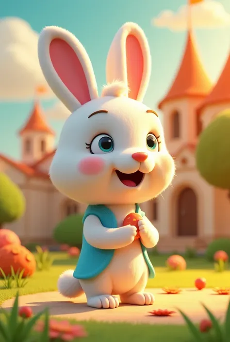 " a bright and cheerful 3D animation in which a cute cartoon character  (Like Rabbit or Bear )  is teaching ren the ABC, counting, or basic Islamic prayers. The background should be colorful and fun, and the movements of the characters should be soft and a...