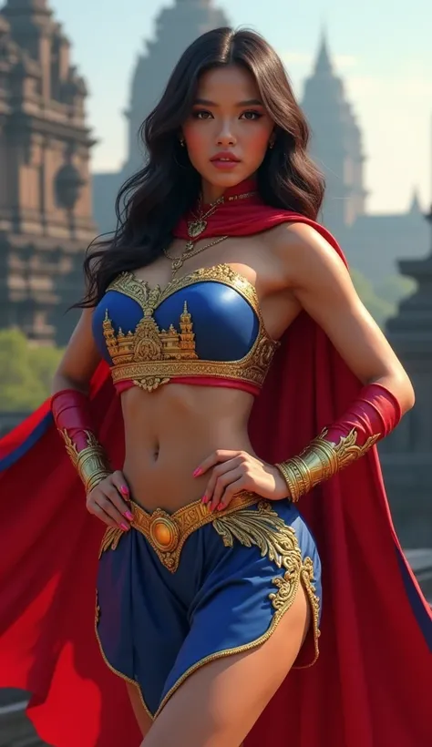 Create an image of a Cambodian superhero girl wearing a costume inspired by the Cambodia flag. The outfit incorporates the striking blue and red colors of the flag, with the iconic Angkor Wat temple design subtly integrated into the costume. The superhero ...