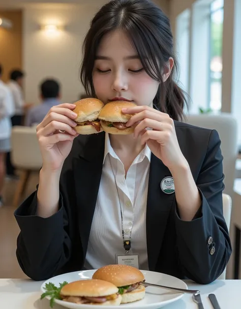 ( profile of a super cute busty Korean female announcer eating delicious sandwiches at the cafeteria:1.2)(Grinning,smile:1.1)(Beautiful Sweat:1.1)(16k,  RAW photos ,  top quality, masterpiece: 1.2),( cute ponytail with glossy black hair )  Super Detail,  S...