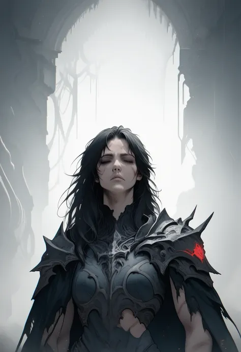 woman, closed eyes, extremely detailed eyes, scars on eyes, neutral expression, red and black hair, torn cape, spiky black cursed armor, white background, surreal, cinematic lighting, hyper detailed, cinematic composition, dramatic lighting, dark fantasy, ...