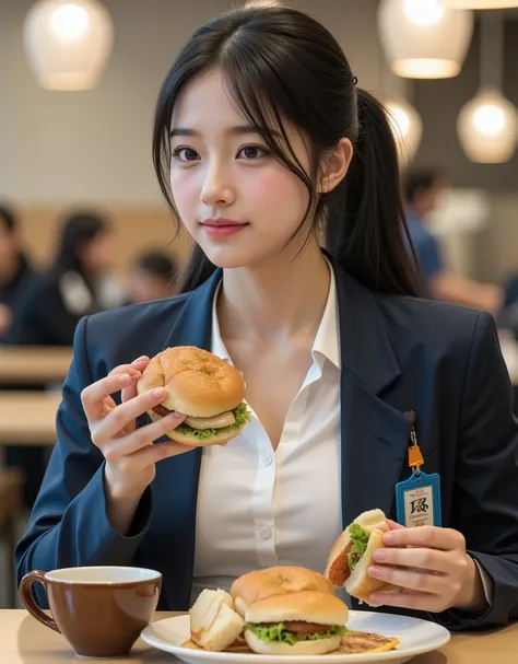 ( profile of a super cute busty Korean female announcer eating delicious sandwiches at the cafeteria:1.2)(Grinning,smile:1.1)(Beautiful Sweat:1.1)(16k,  RAW photos ,  top quality, masterpiece: 1.2),( cute ponytail with glossy black hair )  Super Detail,  S...