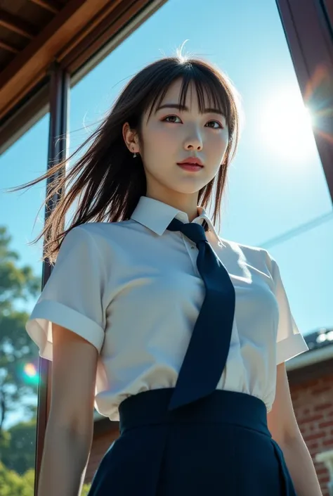 Sexy beautiful Japanese woman, a self defense officer uniform, wearing a white short-sleeved shirts, navy blue tie, navy blue pencil skirt, Woman opens double-glazed window with both arms, brick building, Single-story brick house, woman seen from outside o...