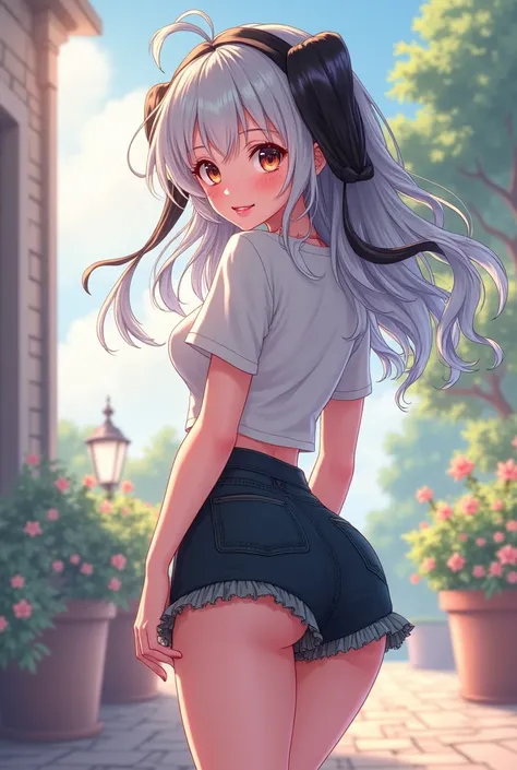 Cute girl in busty buttock miniskirt with white and black-haired shirt anime version 