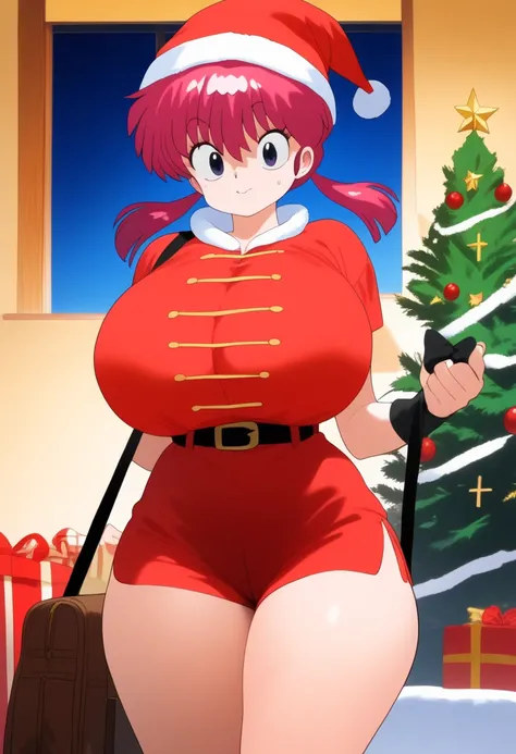  1 girl,  Ranma Saotome ,  Red Hair,  blue eyes,   Twin Tails, nsfw,   detailed eyes  ,   big breasted with a cross eye,  [ wide hips,super huge huge breasts thighs ,   thick butt, Christmas Dresses ,  cute face,   big neckline  ,  sexy costume, room,  Chr...