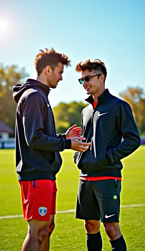 I took a selfie. I am a 19-year-old man with a slim figure , short wavy hair sunglasses sitting on a soccer field Nike coat talking to another friend 