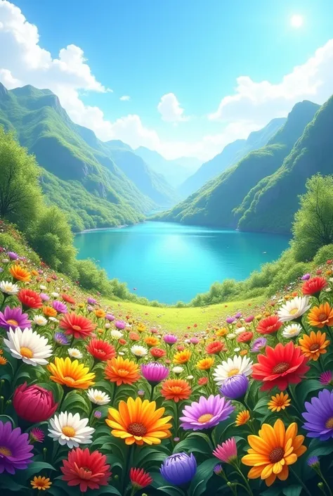 Generate field image of diverse and colorful flowers, with verdant and sunny mountains, with a blue lake in the background.