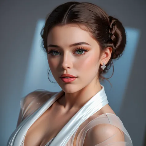  1 girl, beautiful woman with bun ,Princess Leia, big boobs,Slave costume ,sensual lips,kniend,  rolled up ,4K,8k, highres, masterpiece:1.2,  ultra-detailed , realistic ,photo realistic ,photo- realistic :1.37,HDR,UHD, studio lighting , ultrafine painting ...