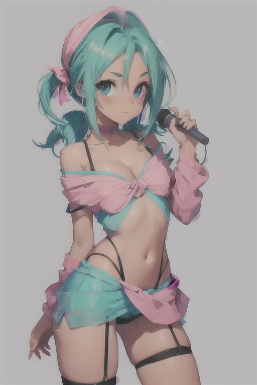 cute little tween, blue-green hair, skimpy pink lingerie, showing cleavage, extremely skimpy little micro-panties