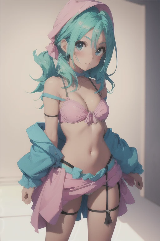 cute little tween, blue-green hair, skimpy pink lingerie, showing cleavage, extremely skimpy little micro-panties