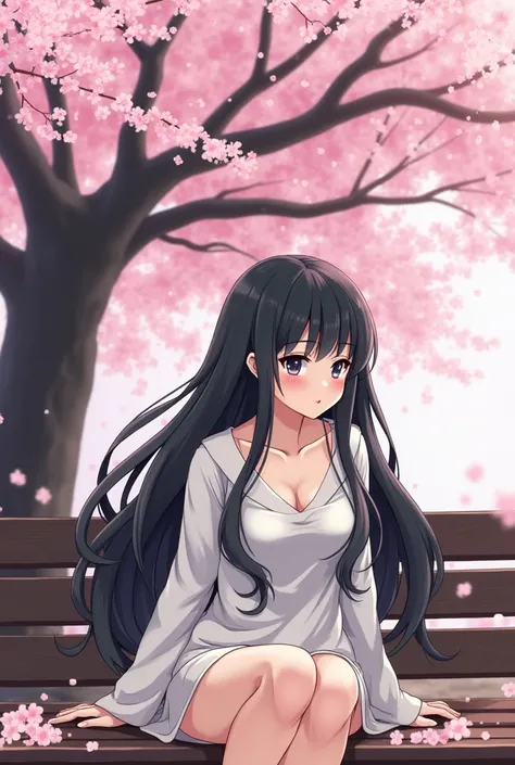 anime girl with long black hair sitting on a bench in front of a cherry tree, an anime drawing by Jin Homura, trending on pixiv, shin hanga, attractive anime girl, seductive anime girl, beautiful anime girl, beautiful alluring anime woman, beautiful anime ...