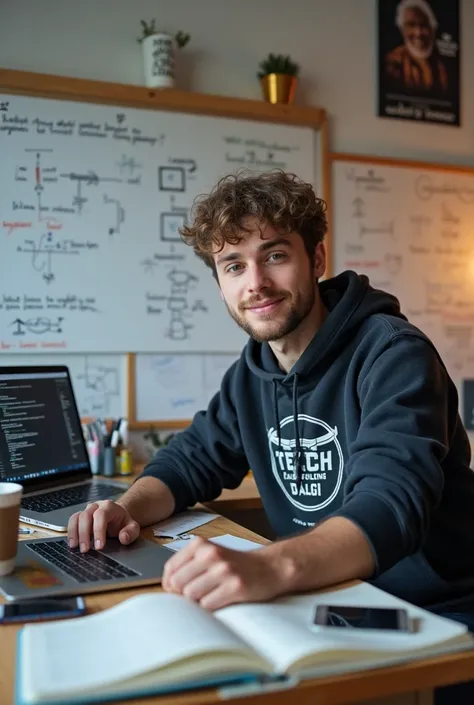 A young man in his early 20s, sitting at a desk cluttered with tech gadgets—a laptop with code on the screen, a smartphone, and a notebook filled with diagrams and notes. He’s wearing a casual hoodie with a tech-related logo, and his expression is focused ...