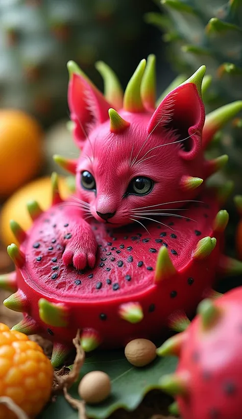 A surreal kitten made from a rich, deep red dragon fruit, its spiky pink and green skin forming a strikingly beautiful coat. It curls up atop a tropical fruit stand, its tiny black-seeded face blending perfectly with its exotic, otherworldly fur