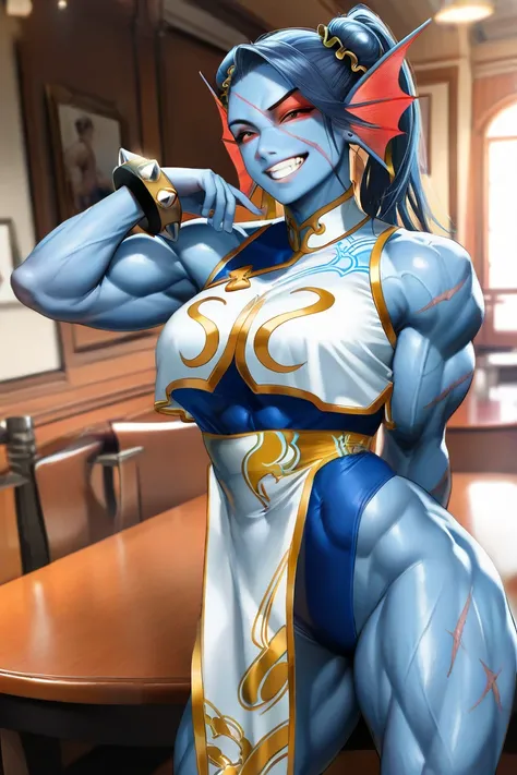 Muscular Undyne (undertale) blue skin, big smile, clothes,
Veiny muscles, multiple scars, scars body, sweting.
dancing on table with hand up, joy, happy, dancing.
(Chun_li_Cosplay). Female (Bodybuilder, biceps (Upgrade Photo Quality, Best anatomy, good mus...