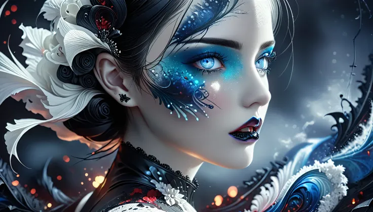 ((masterpiece)), Surreal, 1 beautiful vampire with white skin (black nail polish), Heavy makeup, Bright blue eyes, In a dark and gloomy environment.