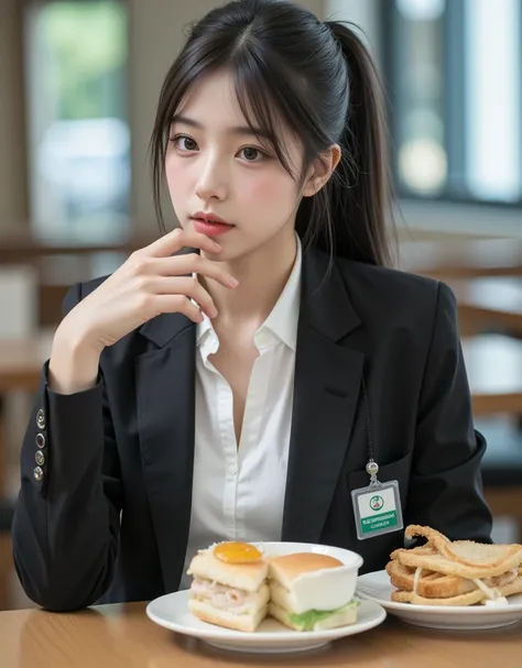 ( profile of a super cute busty Korean female announcer eating delicious sandwiches at the cafeteria:1.2)(Grinning,smile:1.1)(Beautiful Sweat:1.1)(16k,  RAW photos ,  top quality, masterpiece: 1.2),( cute ponytail with glossy black hair )  Super Detail,  S...