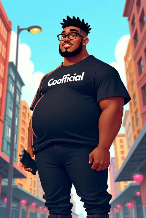 Young Como 22 year old fat Pixar style black with black glasses short afro hair , wearing black clothes and a shirt that says CoOfficial in a city with an iPhone 13 in hand